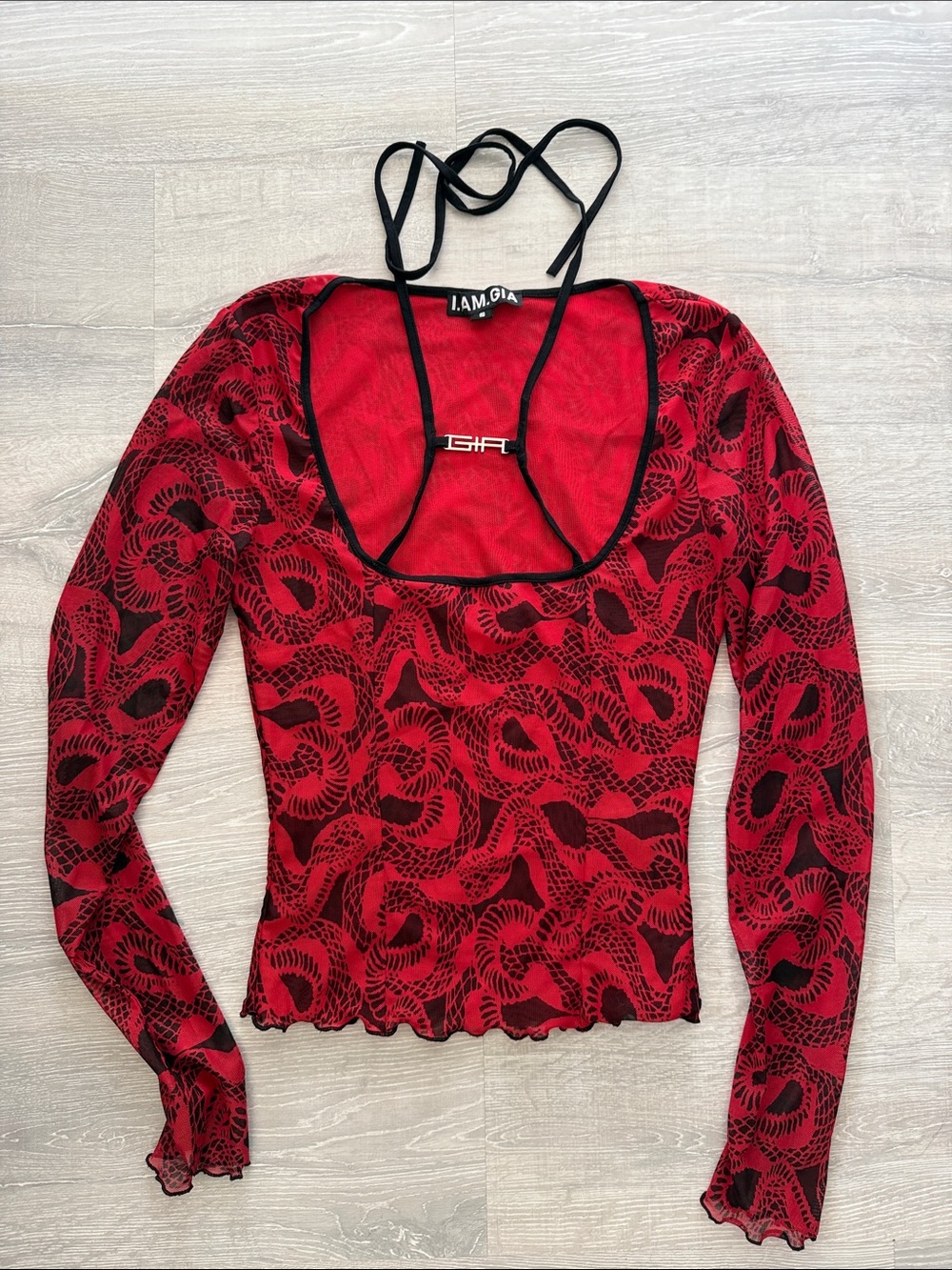 I.AM.GIA Red and Black Printed Mesh Long Sleeve Top